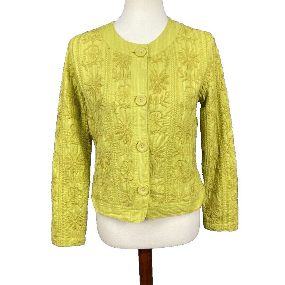 Chicos Jacket Women 0 Small 4 Yellow Green Embroidered 100% Cotton Pockets Lined